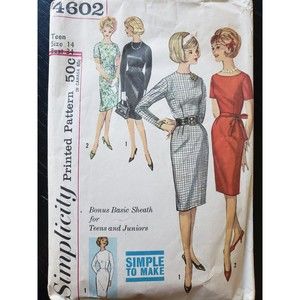 Simplicity Pattern 4602 Size 14 Bust 34 Teens Juniors Basic Sheath Dress Vintage